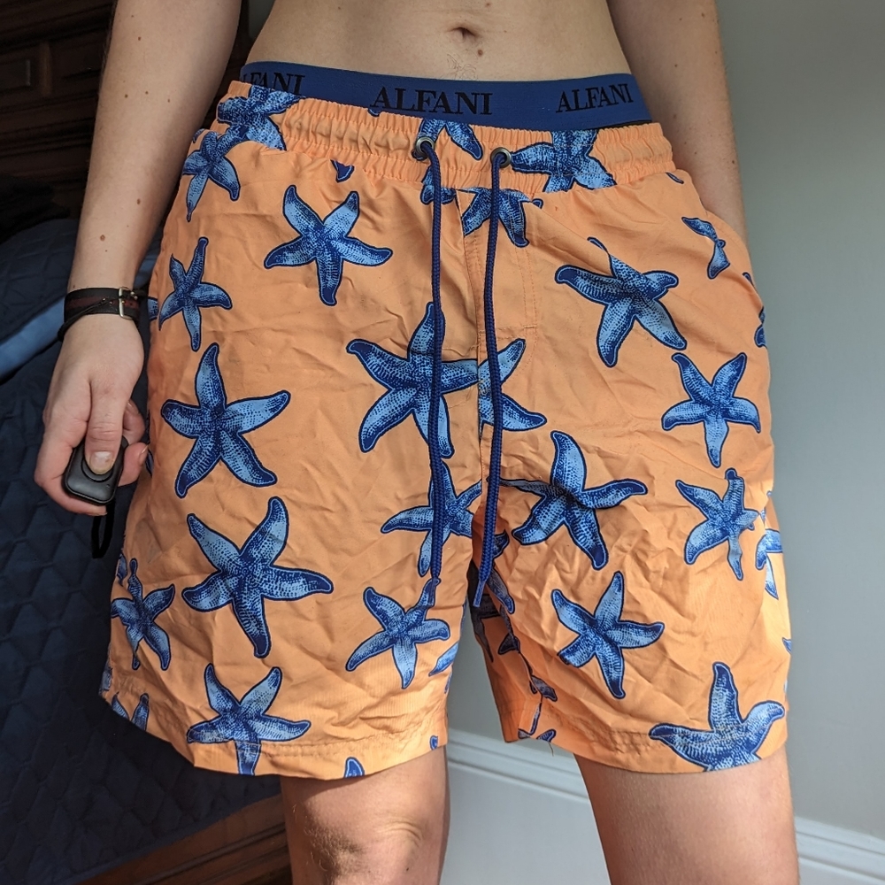 Blue and Orange Starfish Swim Trunks
